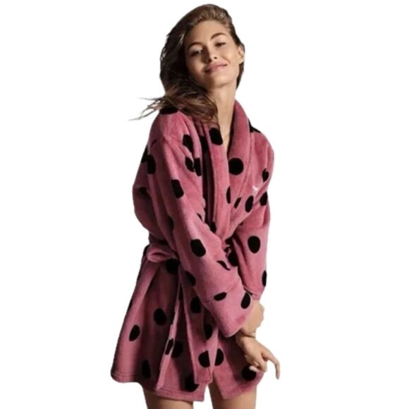 Victoria's Secret PINK Sleepwear Polka Dot Tie Belt Plush Fleece Short Robe XS/S - Picture 1 of 5